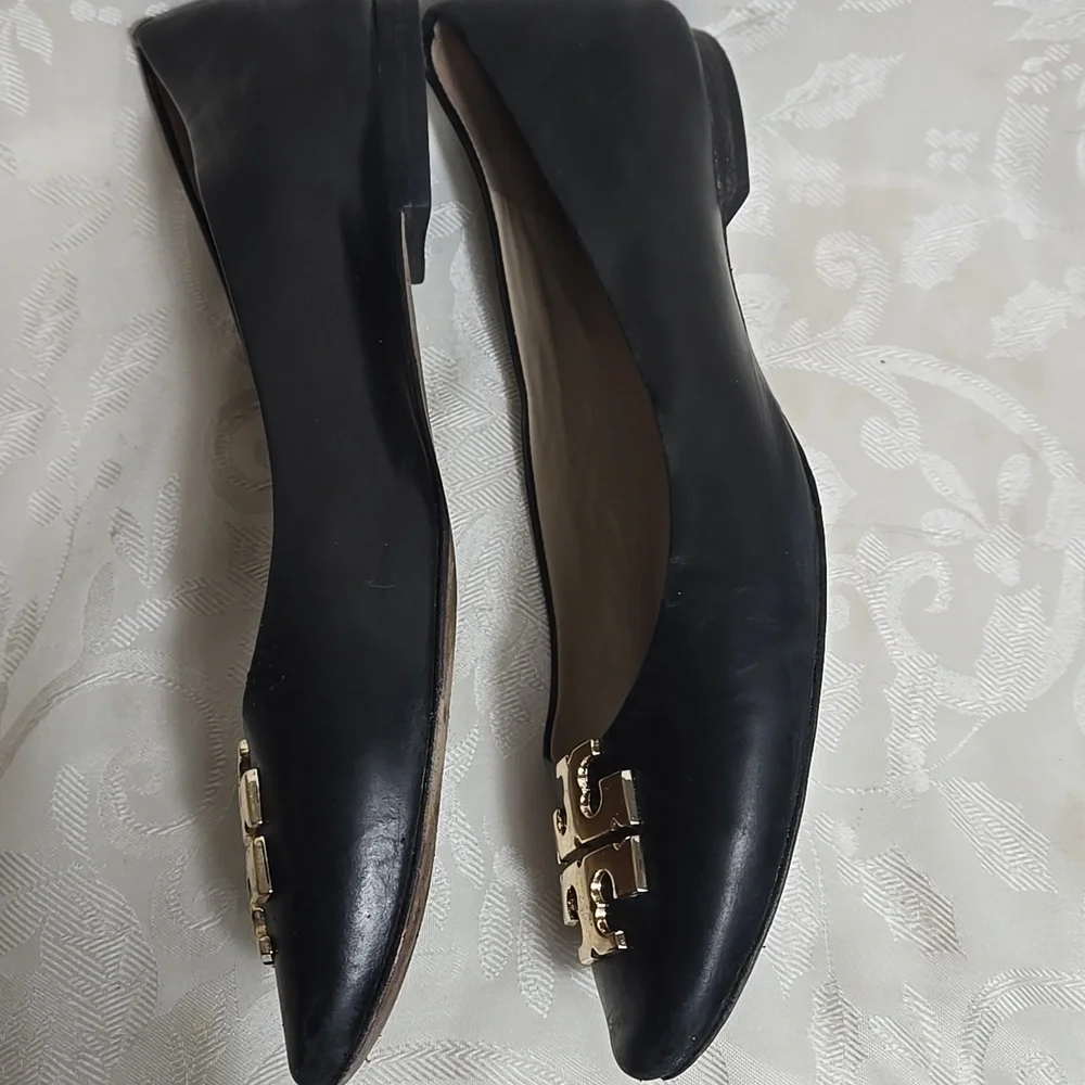 Tory Burch Black Leather Lowell Ballet Flats with Gold Emblem
